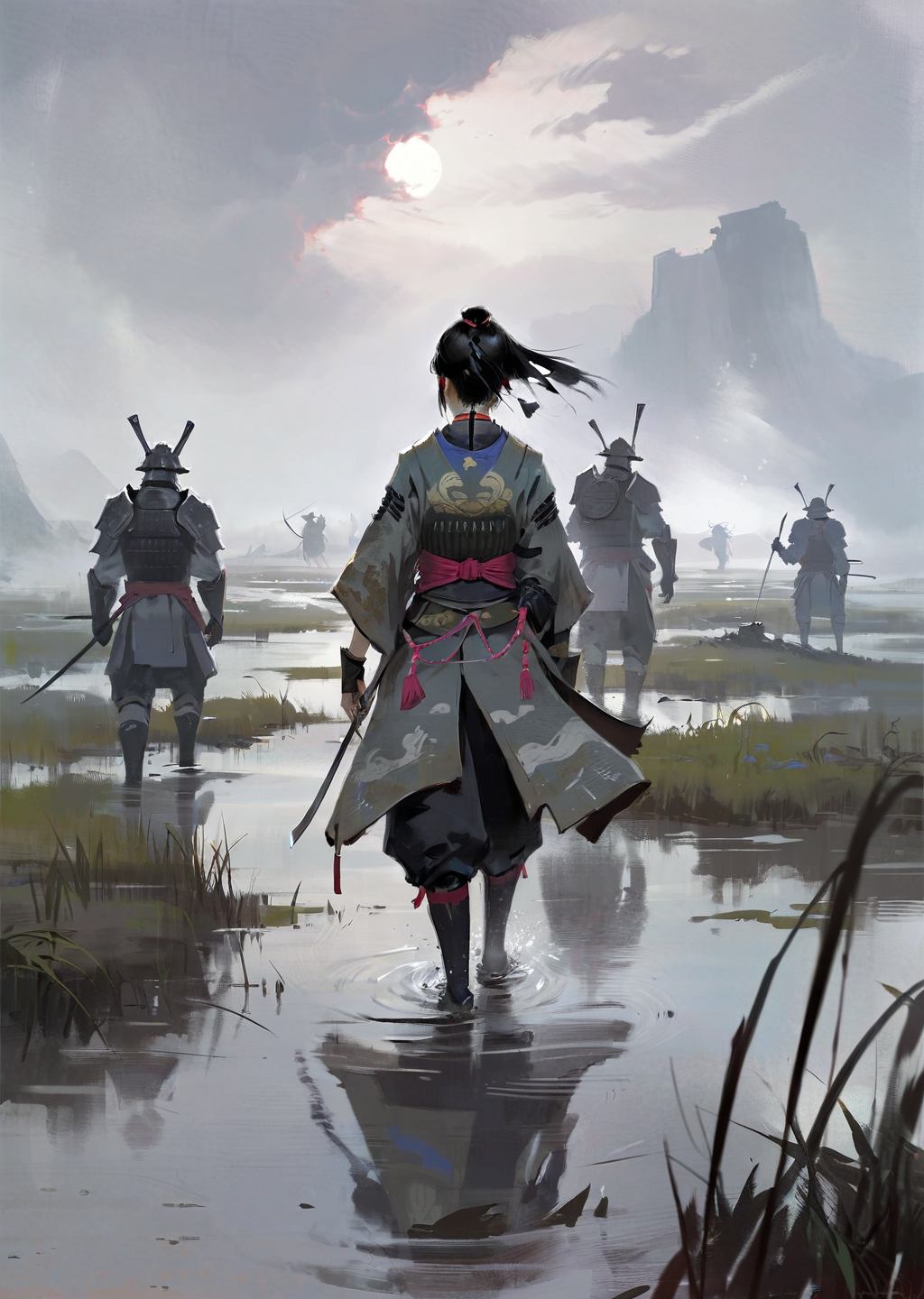 by dino , by 7nu ,by ajimita
1girl,  
beautiful  japanese  woman in fantasy samurai armor, trudging through misty swamp in...